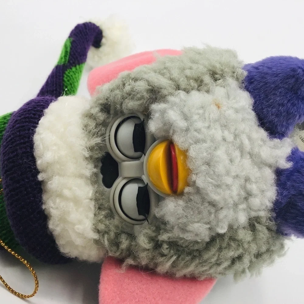 Vtg Furby Christmas Ornament Plush Stuffed Gray Santa Hat Xmas Ice Skates 4”